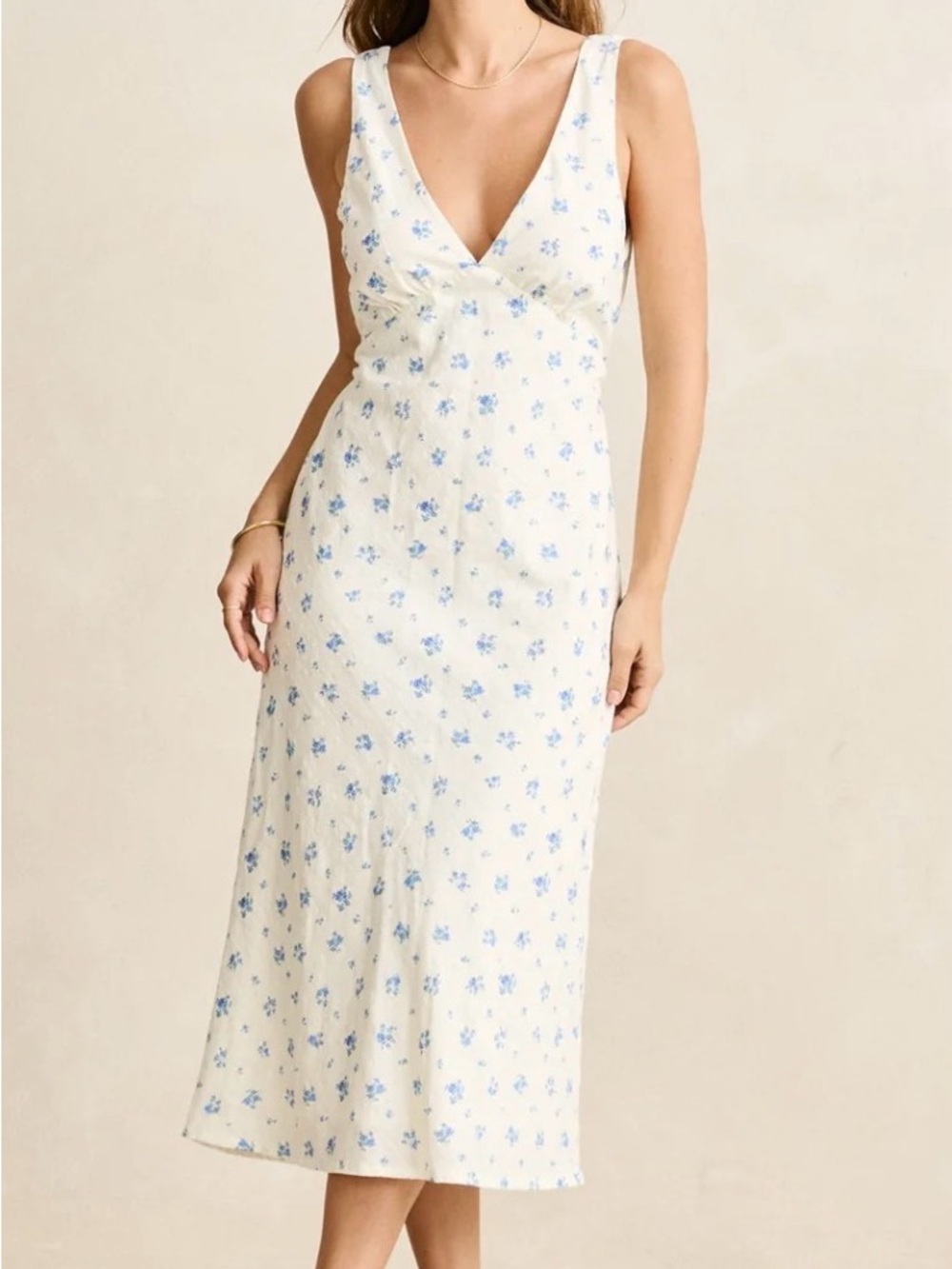 Rhythm. Cream Midi Dress with Blue Floral Print